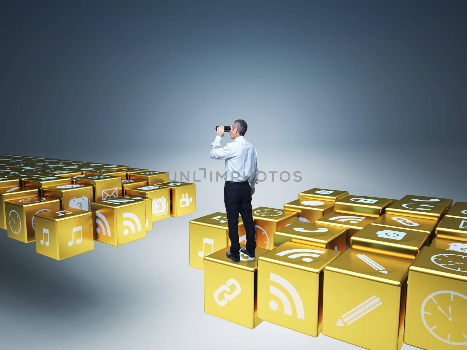 man with binoculars and broken icons bridge