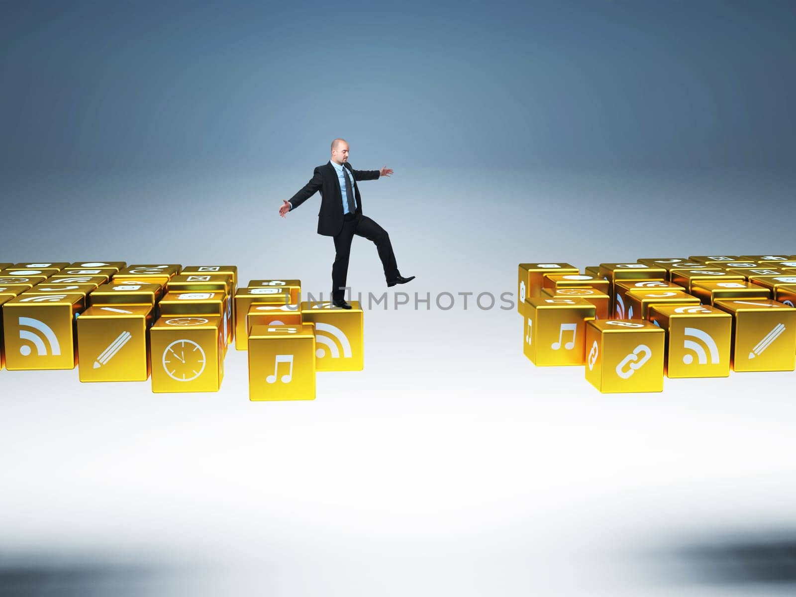 man balance on 3d abstract golden icon bridge