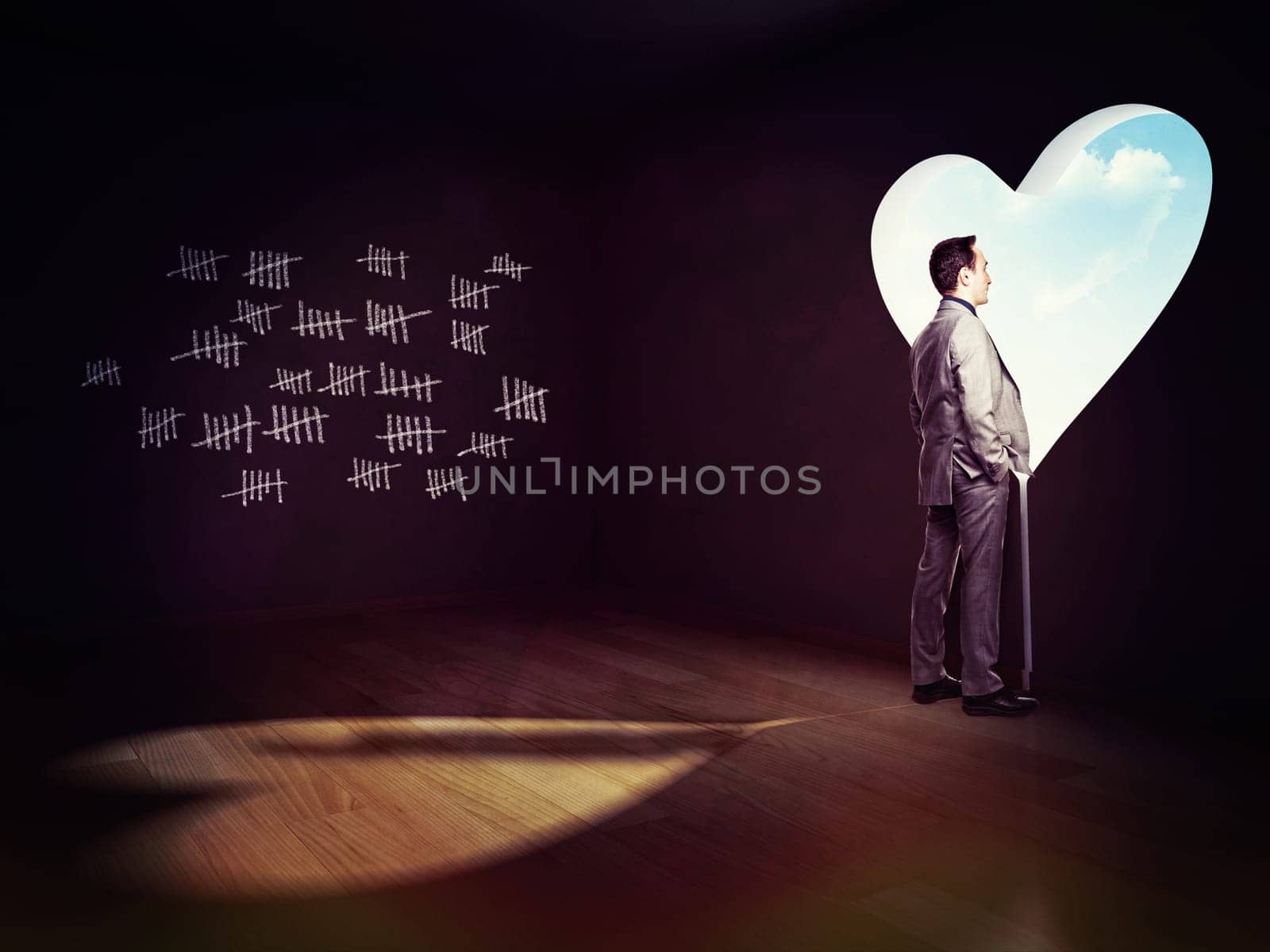 standing man and heart window