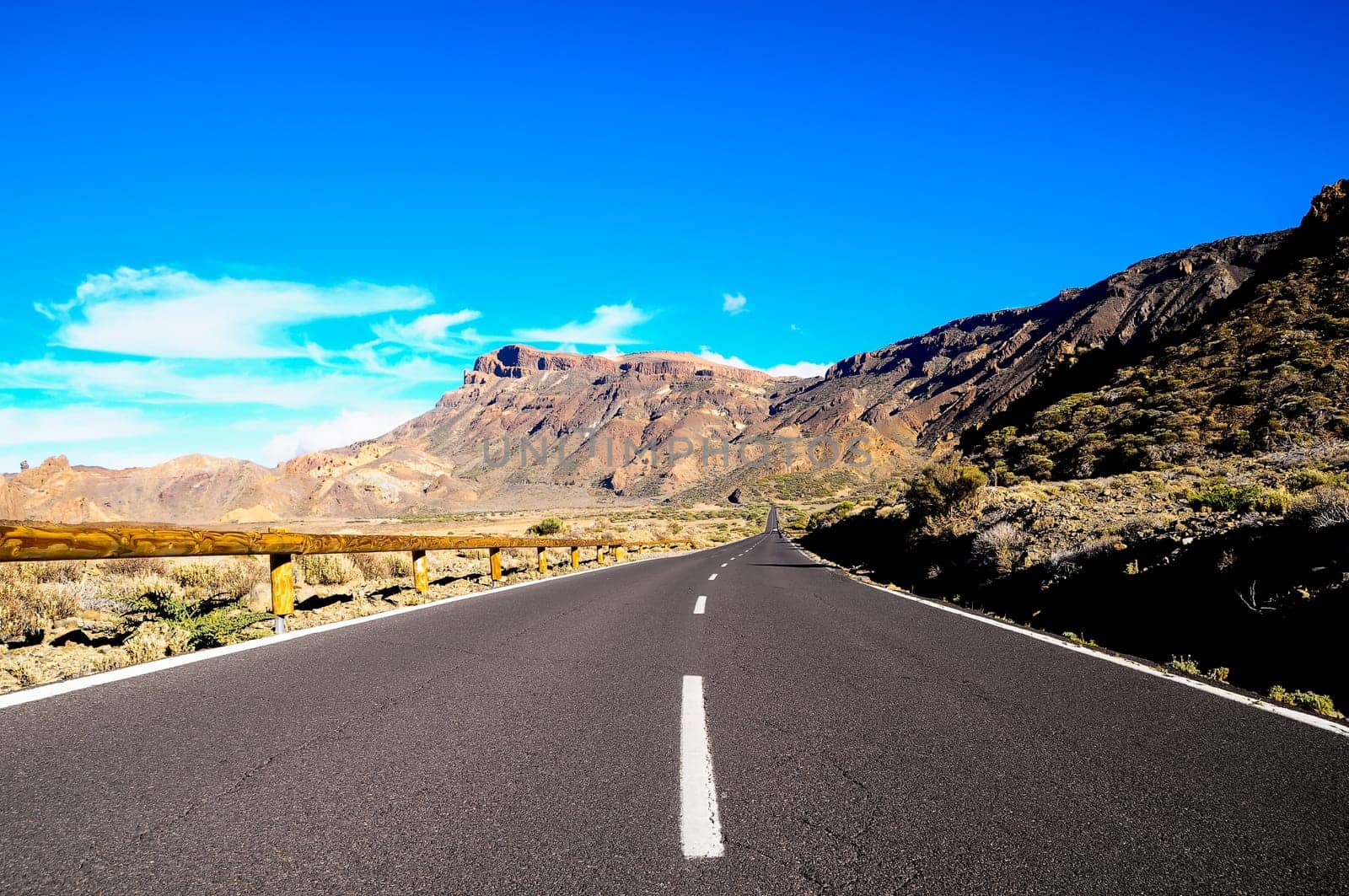 Desert Lonely Road Landscape in Volcan Teide National Park, Tenerife, Canary Island, Spain
