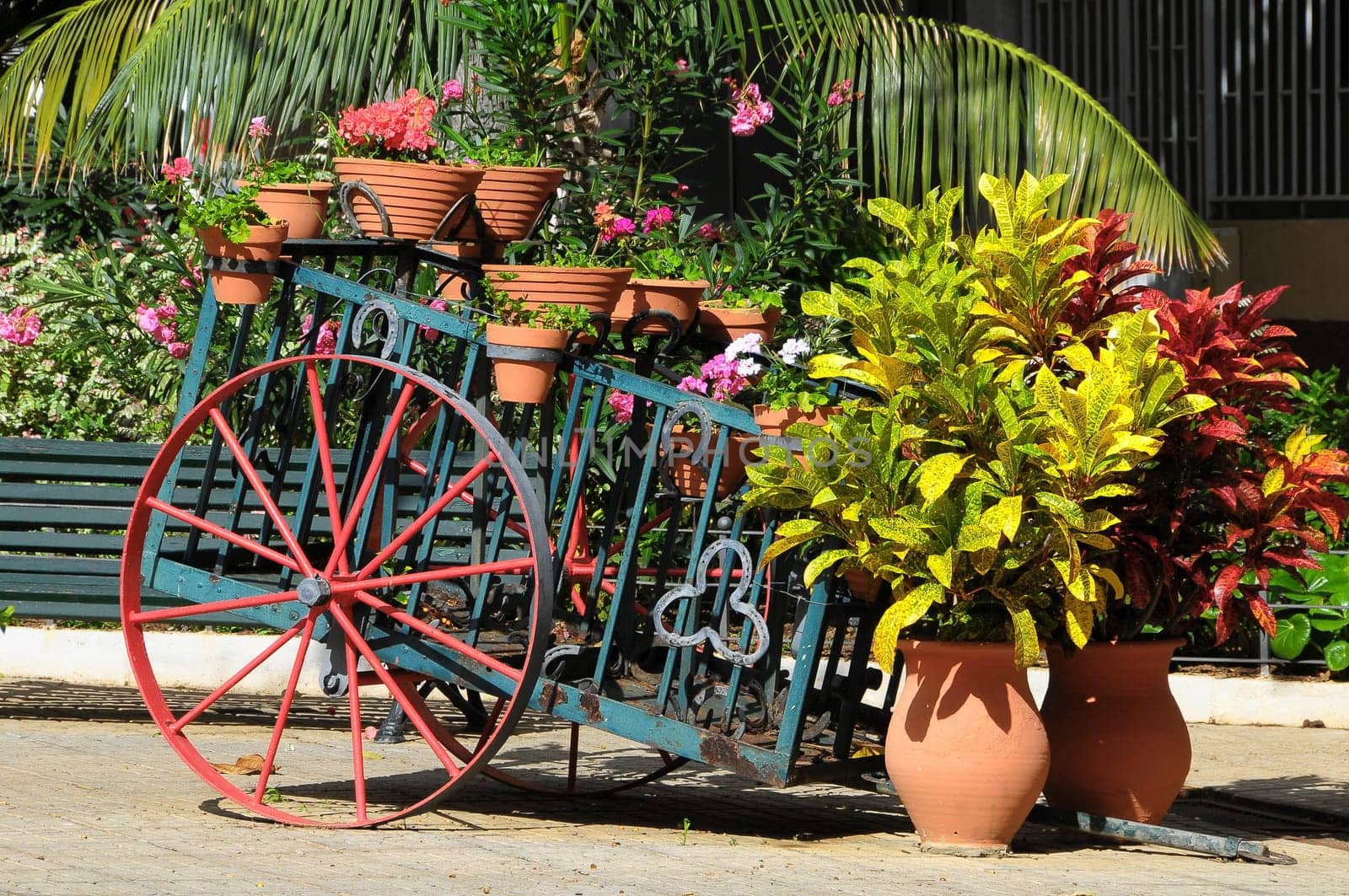 Wagon and Vases with Plants on a Garden