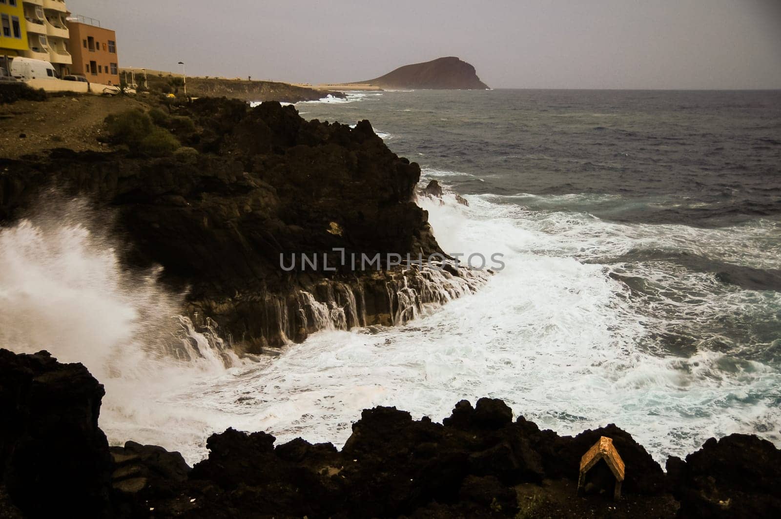 Strong Waves Crashing on the Volcanic Coast in Tenerife Canary Islands