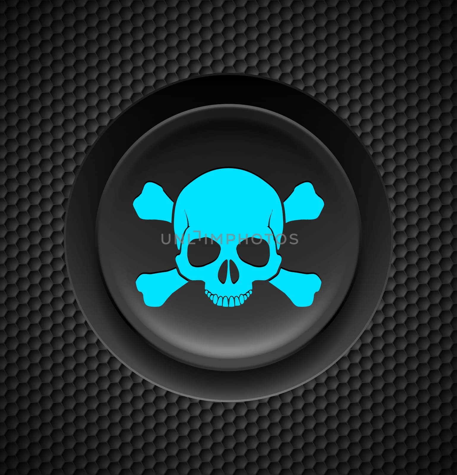 Black button with blue skull and crossbones sign on carbon background