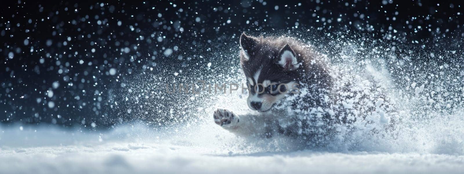 Siberian Husky puppy jumping and running in the snow in a winter field, Generative AI, animals