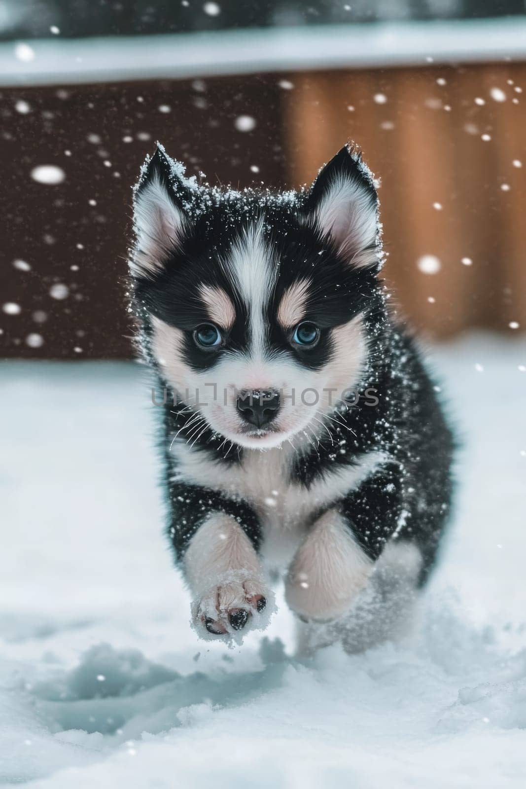 Siberian Husky puppy jumping and running in the snow in a winter field, Generative AI, animals