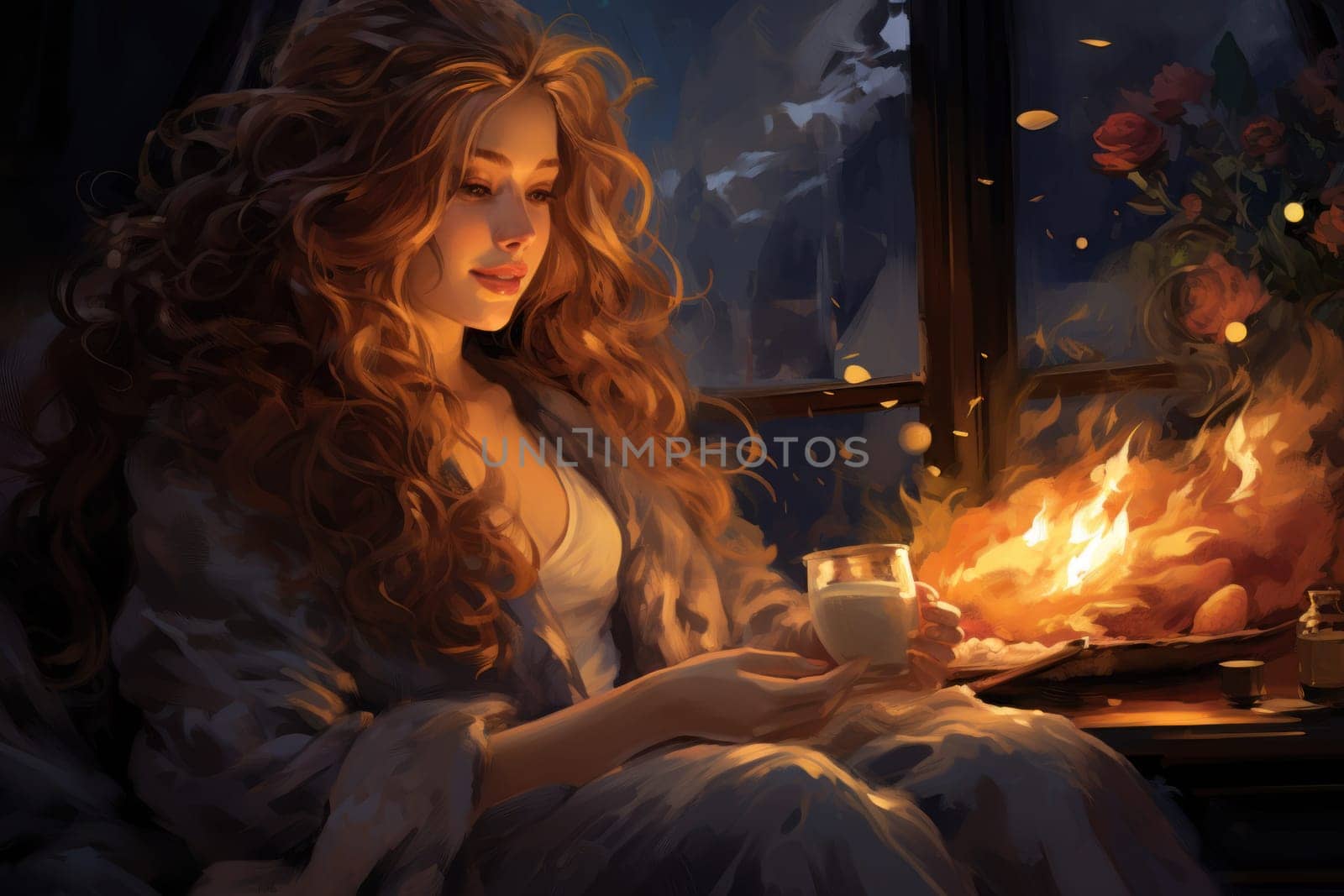 A heartwarming depiction of the winter season's charm, with individuals captured indoors, basking by a crackling fire, indulging in hot cocoa, or cocooned in soft blankets.