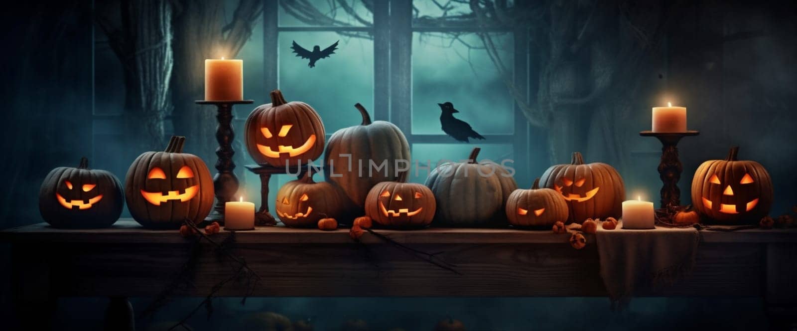 evil october blue lantern autumn pumpkin jack halloween poster background wooden horror illustration light black gothic fear dark table night mystery. Generative AI.