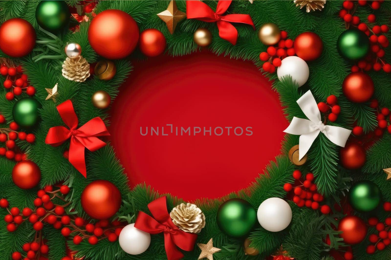 Mockup Empty Frame and Christmas baubles decoration. Generative AI by itchaznong