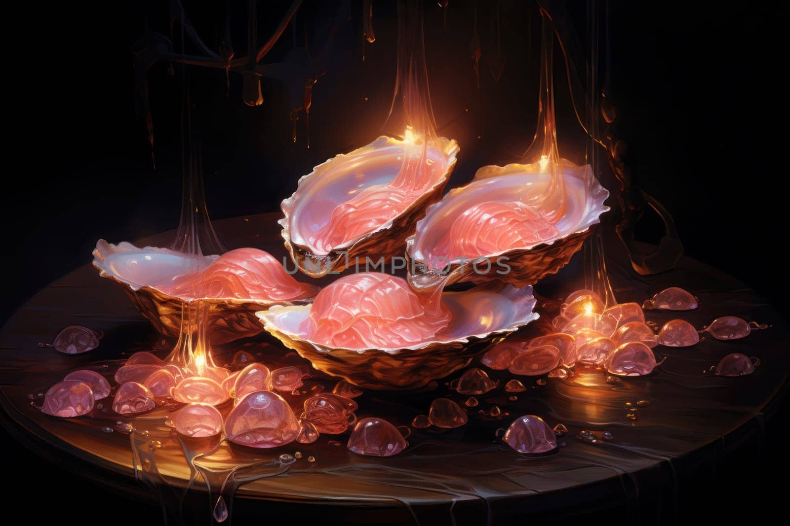 An enchanting depiction of radiant pearl oysters, tenderly nurturing exquisite pearls imbued with enigmatic properties.