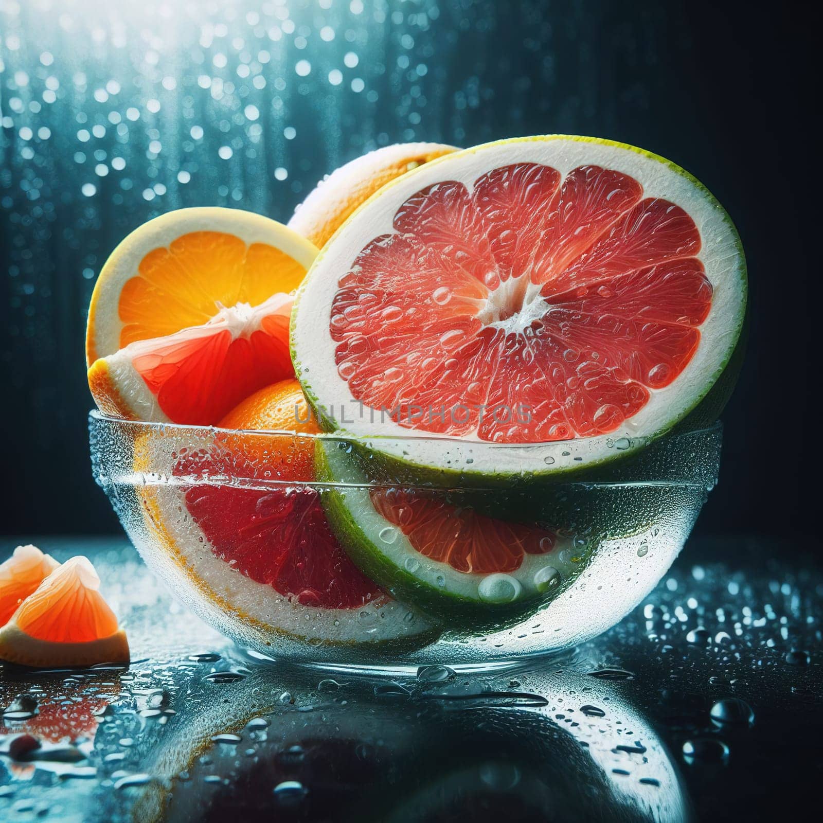 Beautiful picture with water drops, fruits. High quality photo