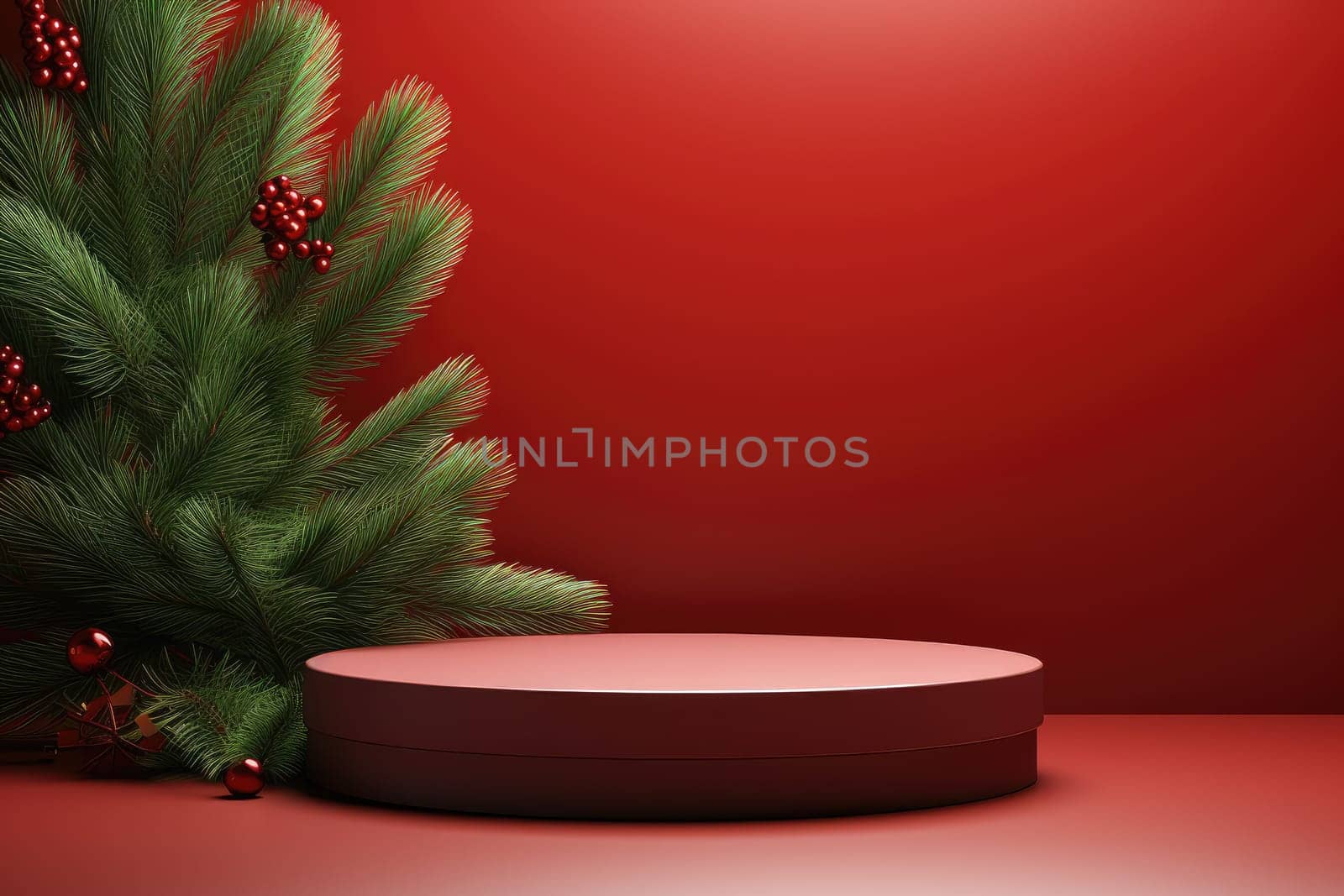 Podium for product display and Christmas baubles decoration. Generative AI.