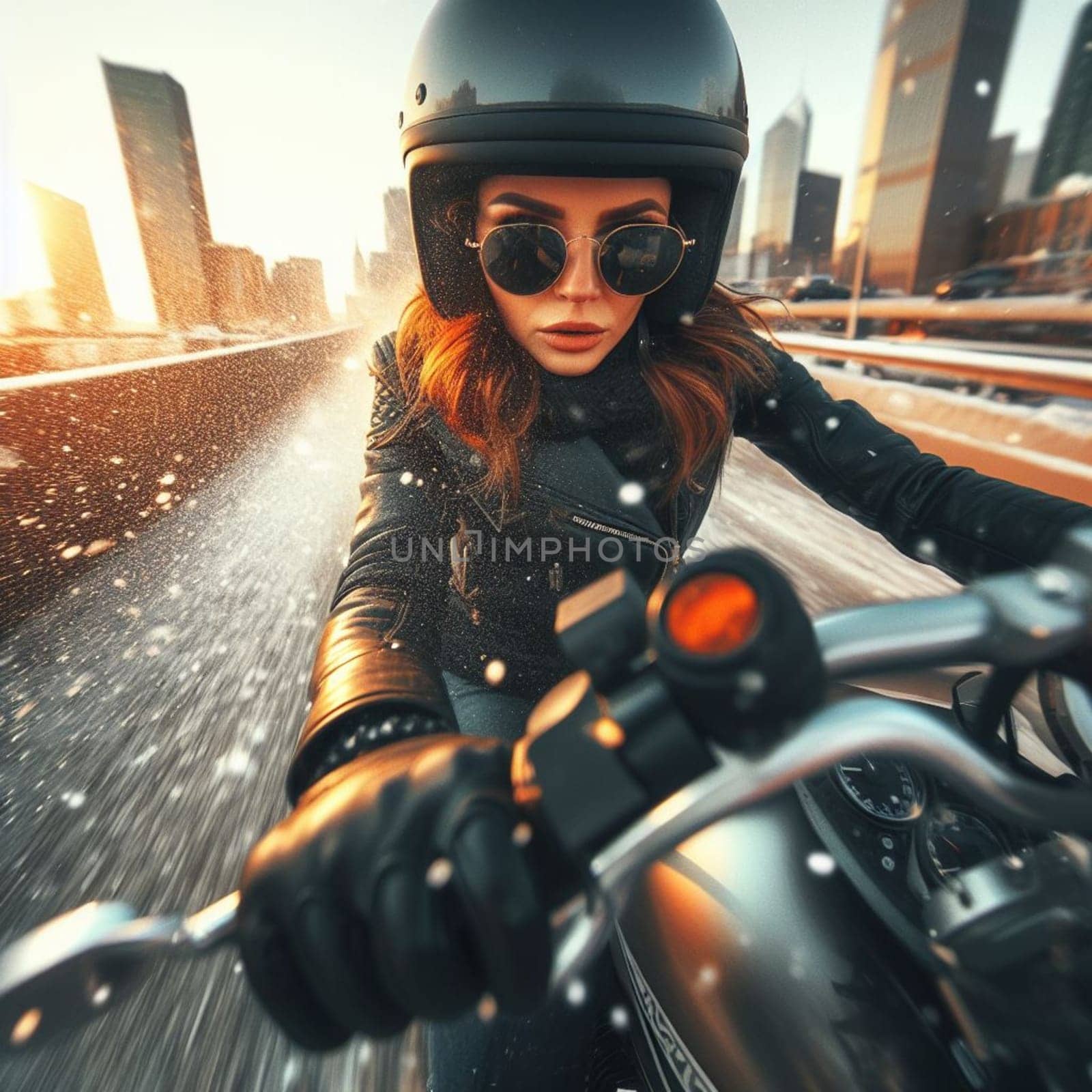 young woman drive moped scooter in snow storm in winter time in a city trafficked road by verbano
