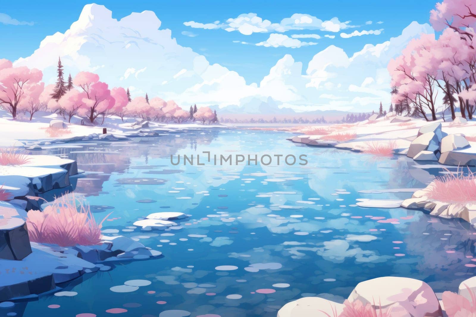 An exquisite visual representation of winter's enchantment, featuring frozen lakes, rivers, and ponds.