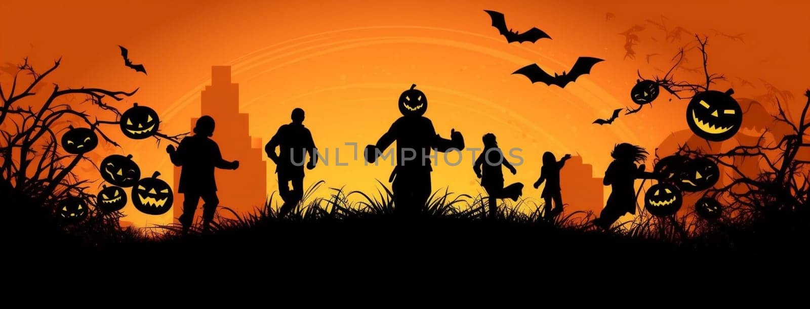 design head black tree pumpkin trick grave bat orange fantasy evil night ghost horror october celebration lantern halloween holiday dark. Generative AI.