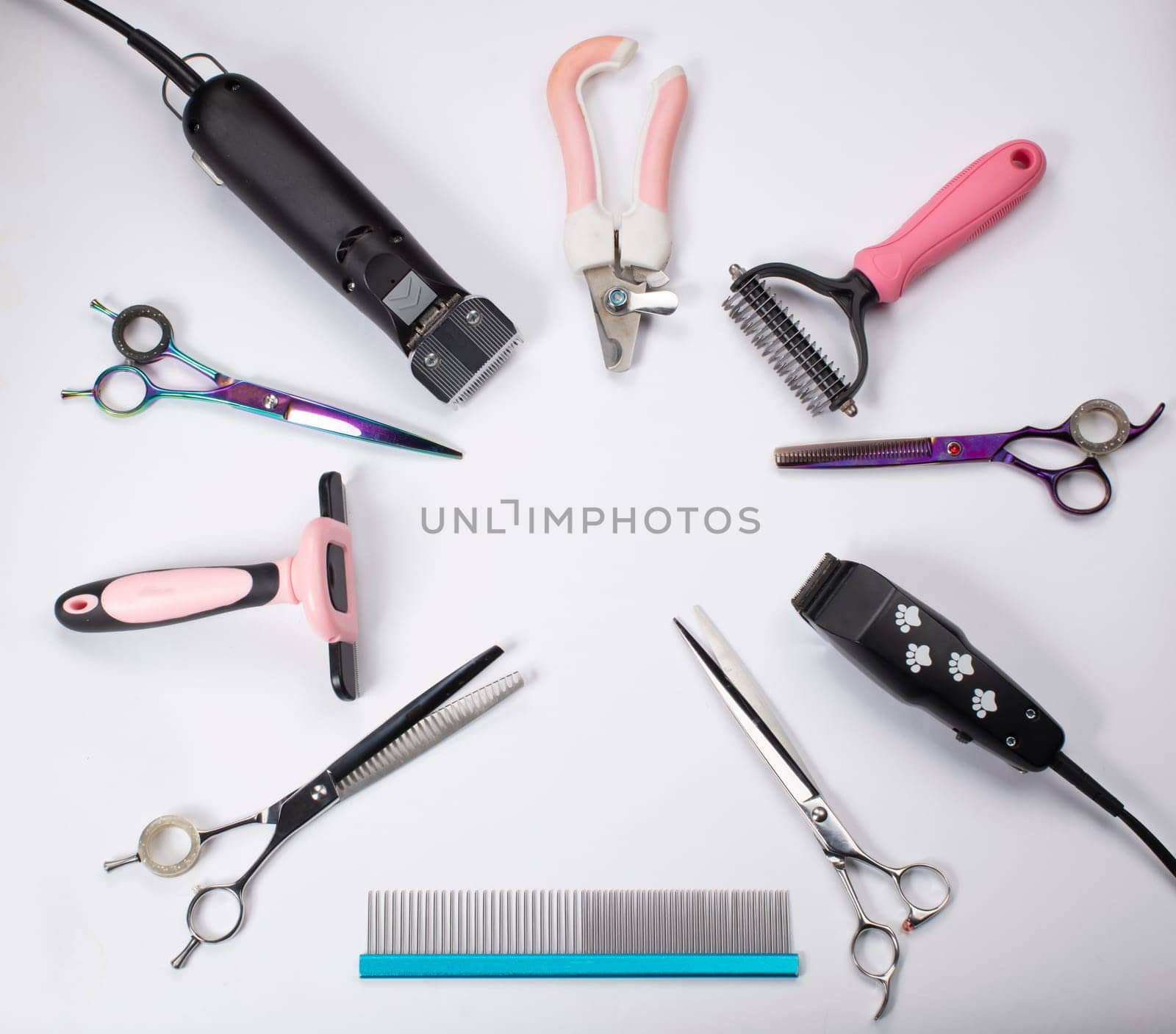 Tool for the groomer on a white background. Dog grooming accessories. Scissors for cutting animals. View from above