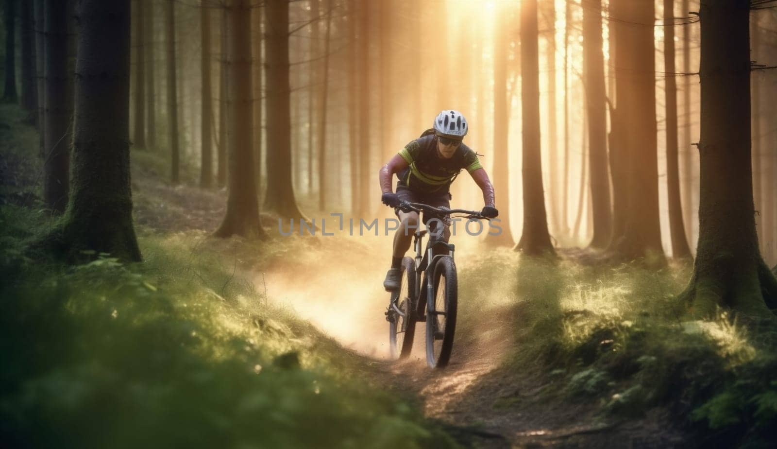 female woman adventure forest walk cycling summer person dark girl biker cycle outdoors bicycle sunset bike trail walking sport fitness biking. Generative AI.