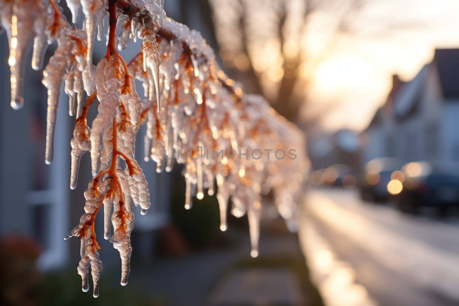 A remarkable portrayal of winter's allure, focusing on the glistening, see-through charm of icicles suspended from rooftops and tree limbs, showcasing their sparkling and crystalline elegance.