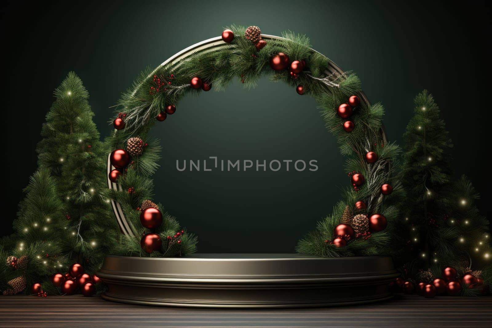 Podium for product display and Christmas baubles decoration. Generative AI by itchaznong