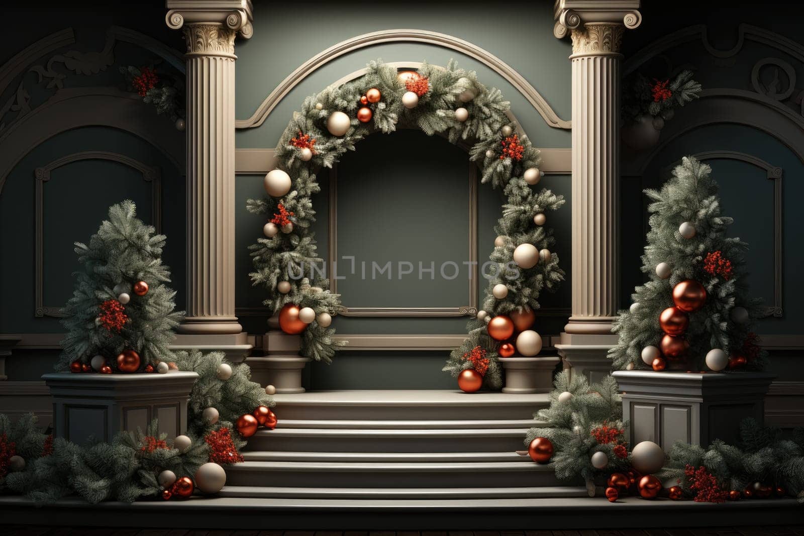 Podium for product display and Christmas baubles decoration. Generative AI by itchaznong