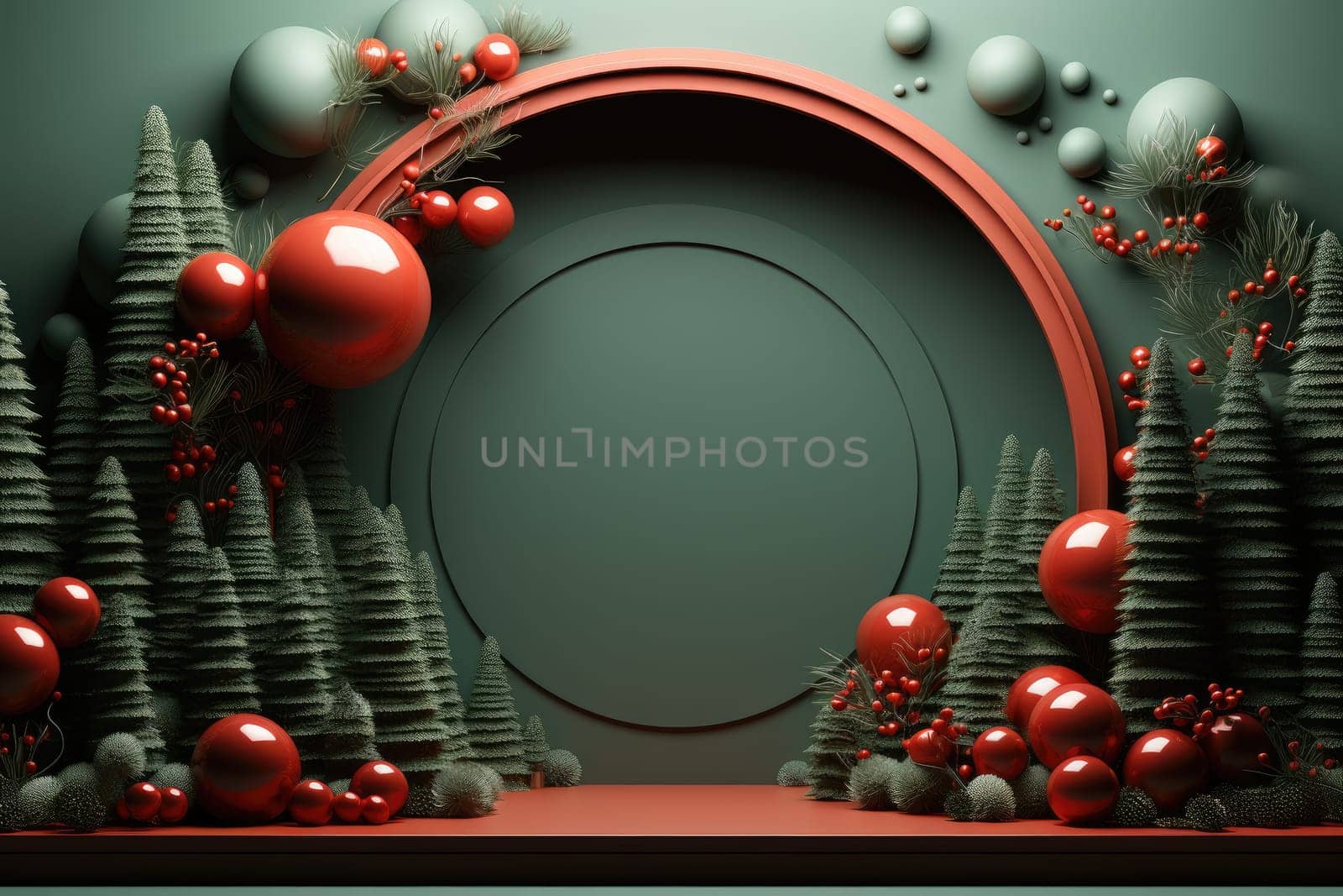 Podium for product display and Christmas baubles decoration. Generative AI by itchaznong