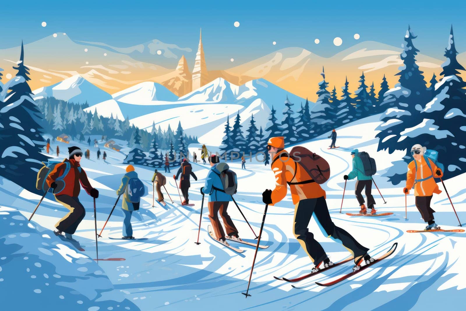 A dynamic portrayal of the exhilarating winter season, featuring individuals engaged in a range of invigorating activities such as skiing, snowboarding, and ice skating.