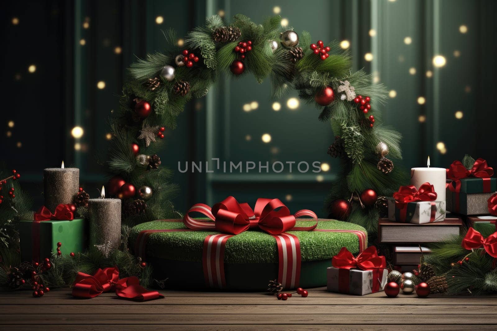 Podium for product display and Christmas baubles decoration. Generative AI by itchaznong