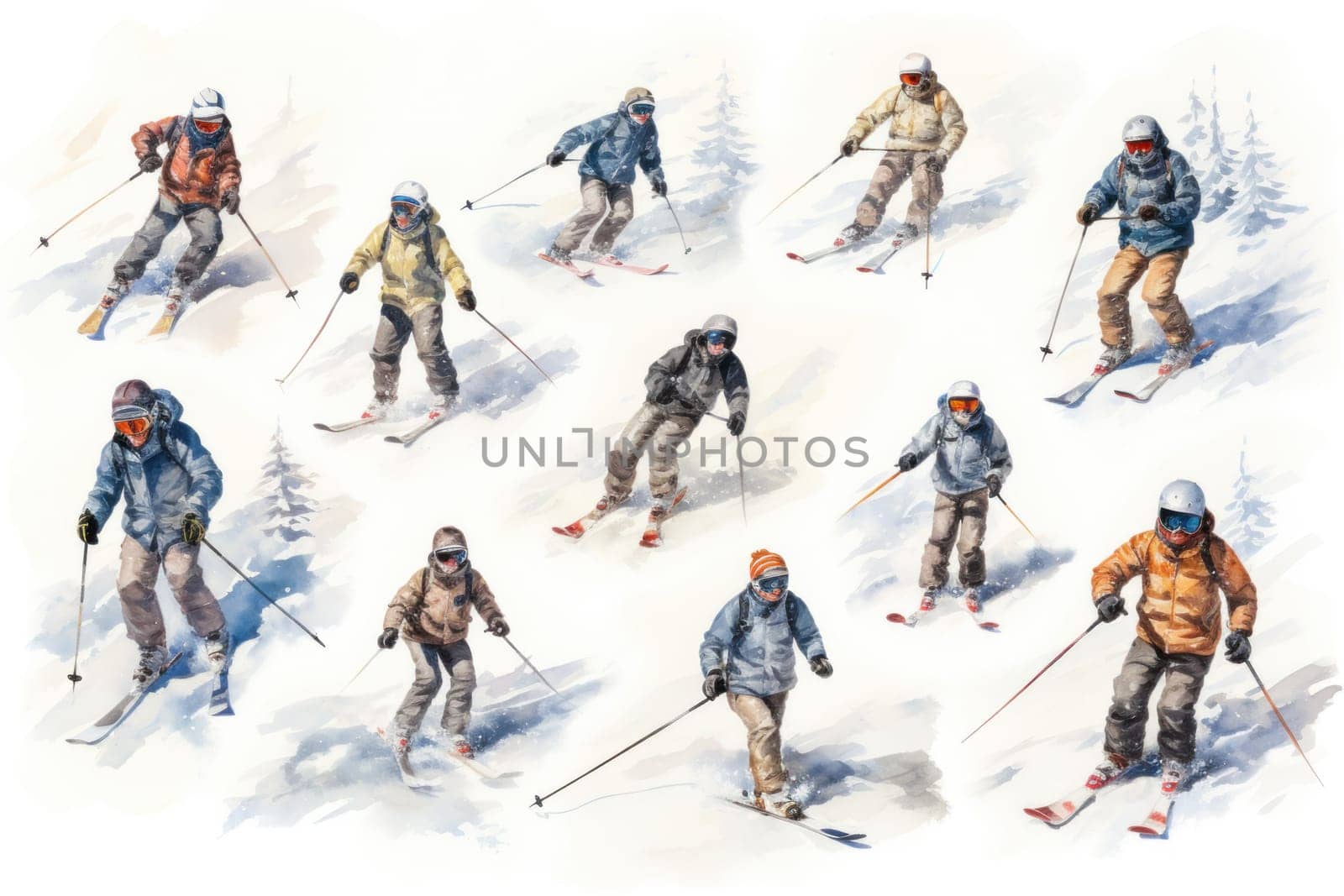 A dynamic portrayal of the exhilarating winter season, featuring individuals engaged in a range of invigorating activities such as skiing, snowboarding, and ice skating.