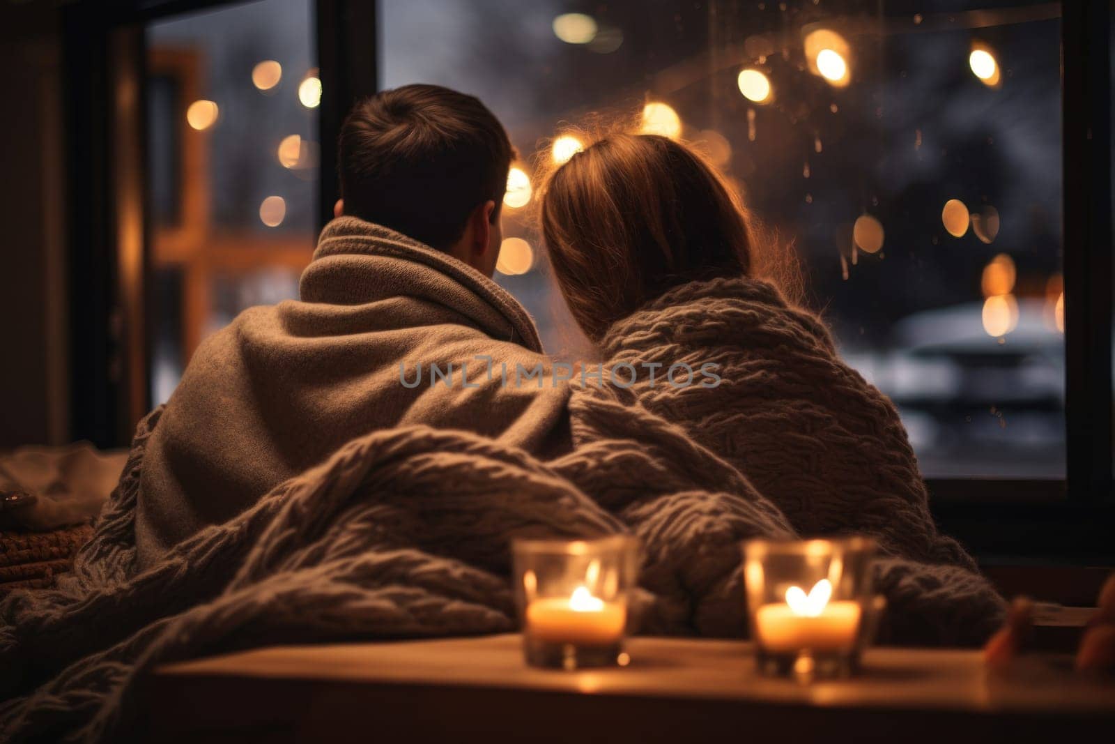 A heartwarming depiction of the winter season's charm, with individuals captured indoors, basking by a crackling fire, indulging in hot cocoa, or cocooned in soft blankets.