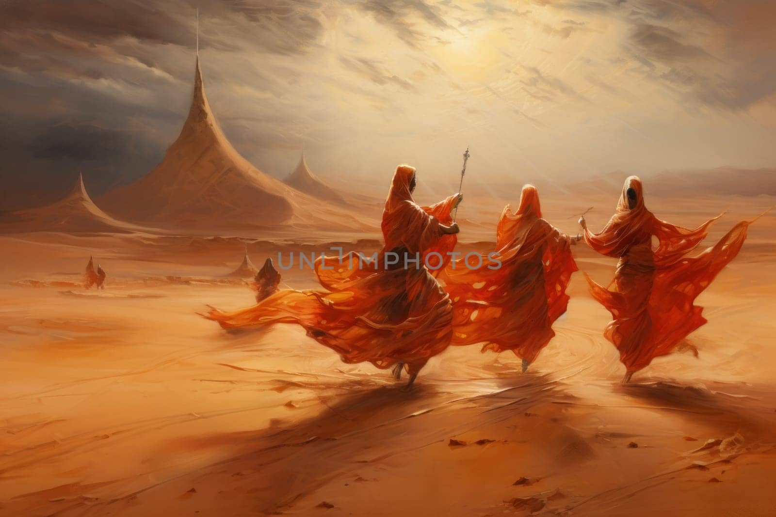 In the enchanting world of fantasy, there exist mystical beings known as whirling sand dervishes.