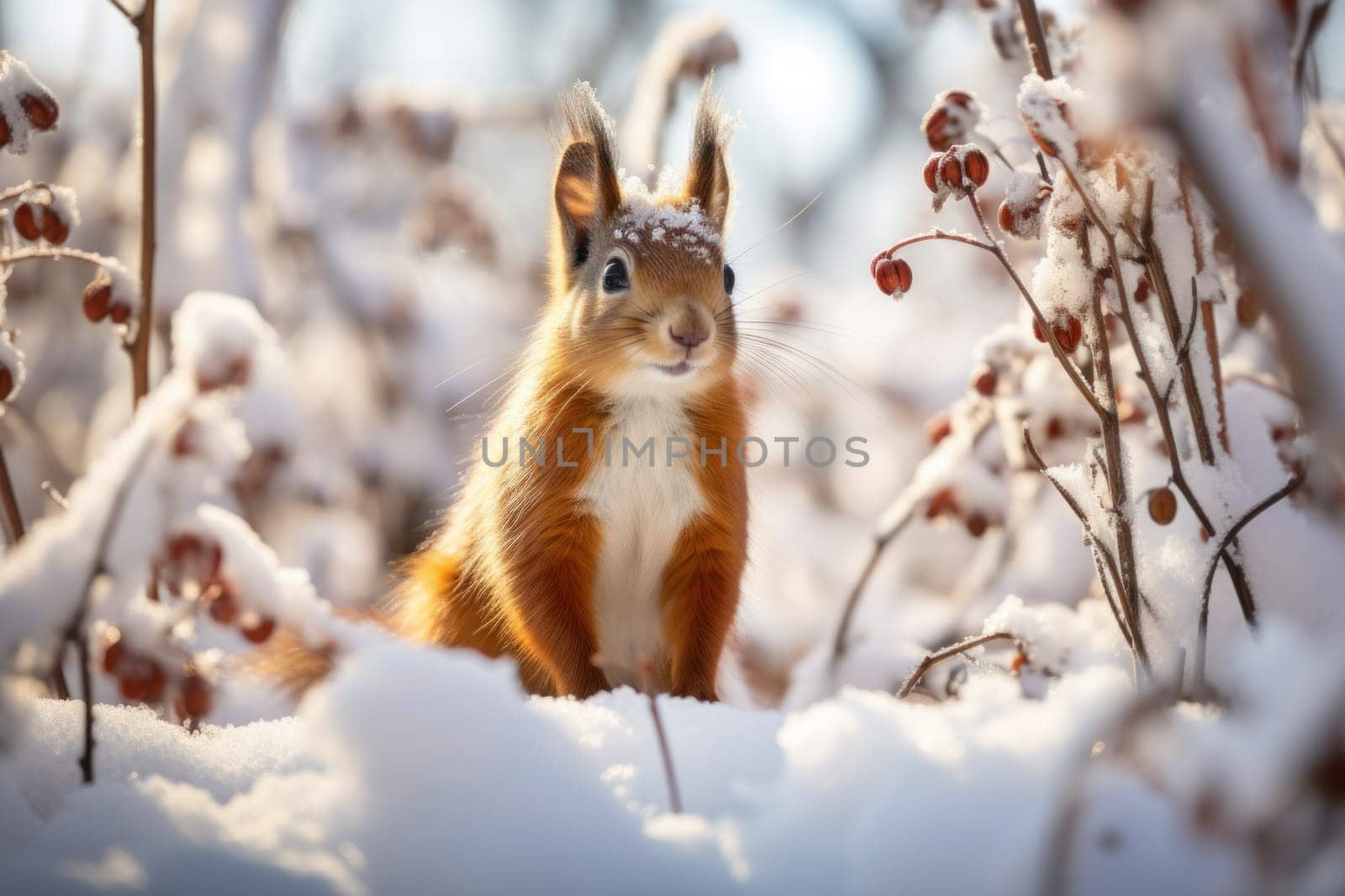 An enchanting winter tableau, showcasing the grace and resilience of wildlife, including deer, birds, and squirrels, in their natural habitats during the frosty season.