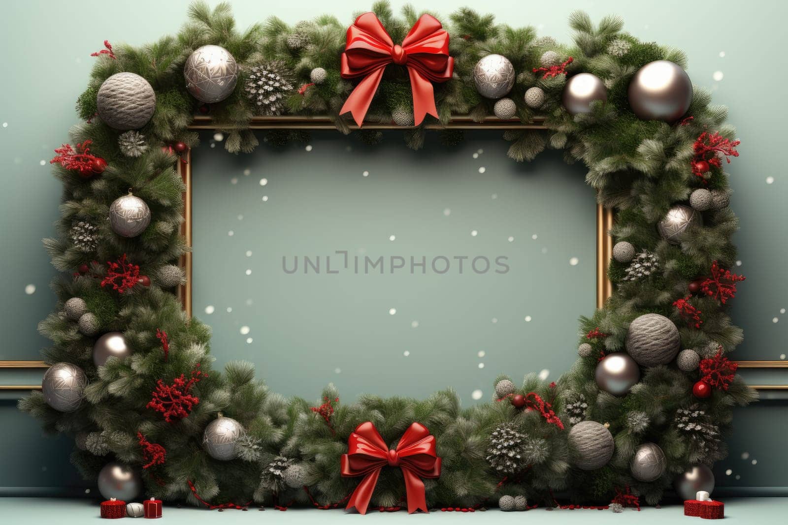 Podium for product display and Christmas baubles decoration. Generative AI by itchaznong