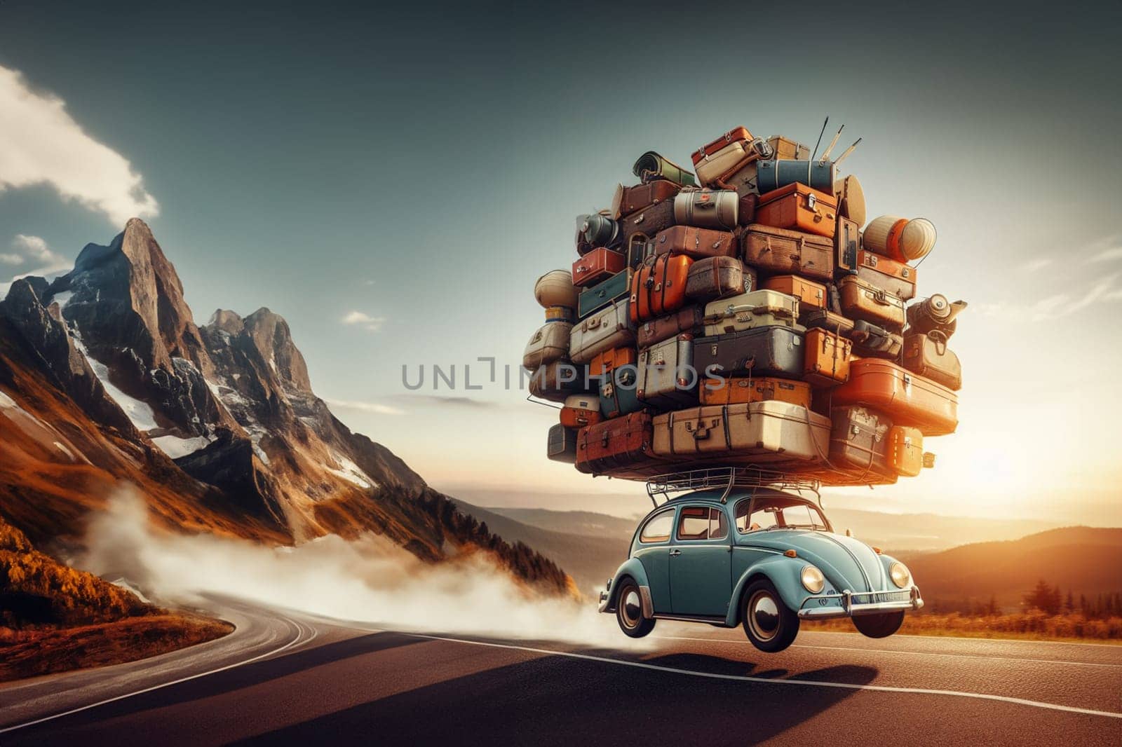 Huge luggage pile on 60s german beetle car roof , on road journey , nomadic lifestyle, migration generated ai art