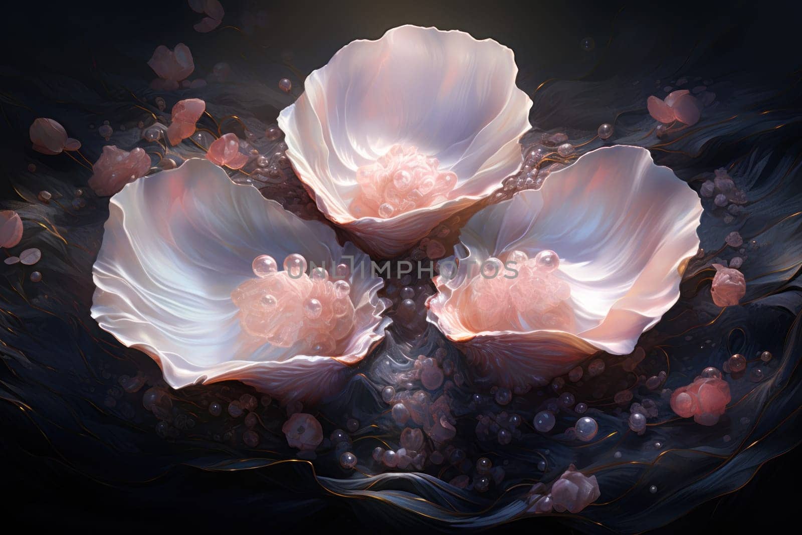An enchanting depiction of radiant pearl oysters, tenderly nurturing exquisite pearls imbued with enigmatic properties.