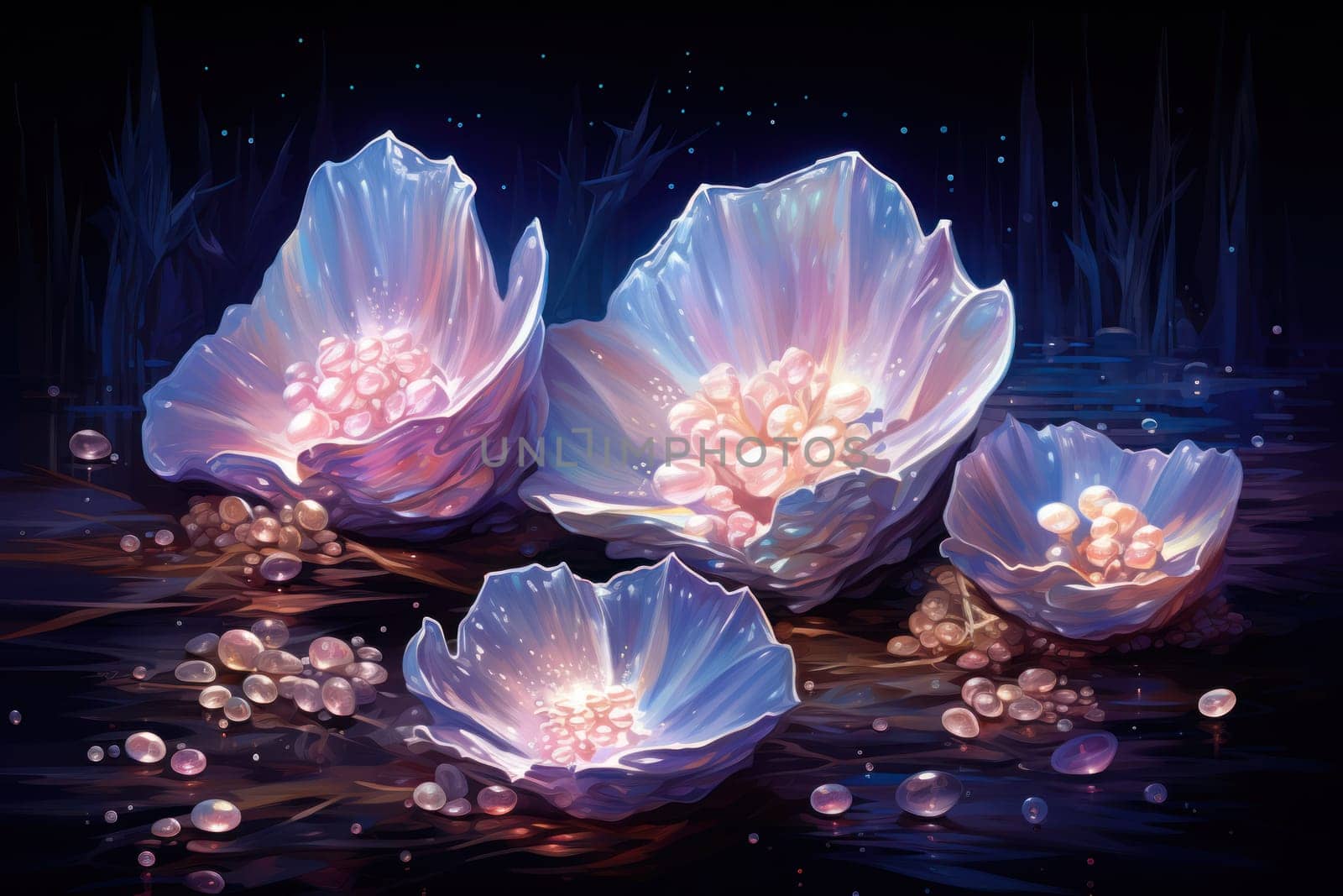 An enchanting depiction of radiant pearl oysters, tenderly nurturing exquisite pearls imbued with enigmatic properties.