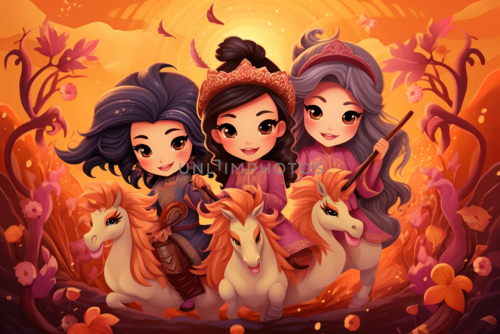 An awe-inspiring portrayal of fabled phoenix riders, gracefully soaring through the skies astride magnificent fiery avian creatures.