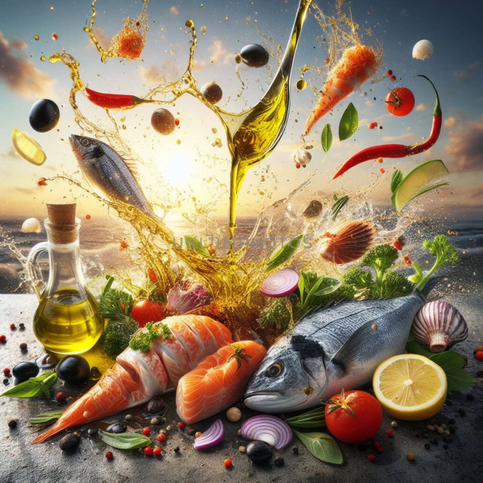 fish and seafood barbacue flying pieces of meat and veggies , splahing sauces, sunset golden light generative ai art