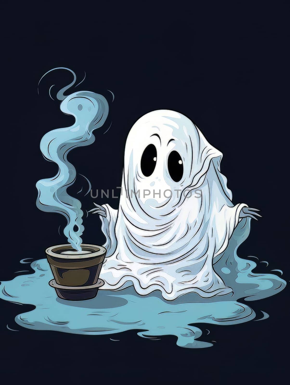Cartoon ghost white sheet with smoking incense on dark smoky background, Halloween concept, AI