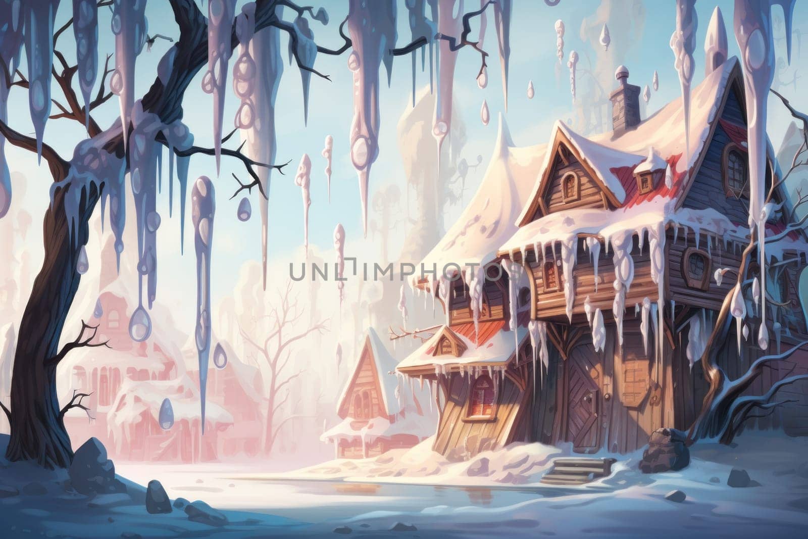A remarkable portrayal of winter's allure, focusing on the glistening, see-through charm of icicles suspended from rooftops and tree limbs, showcasing their sparkling and crystalline elegance.