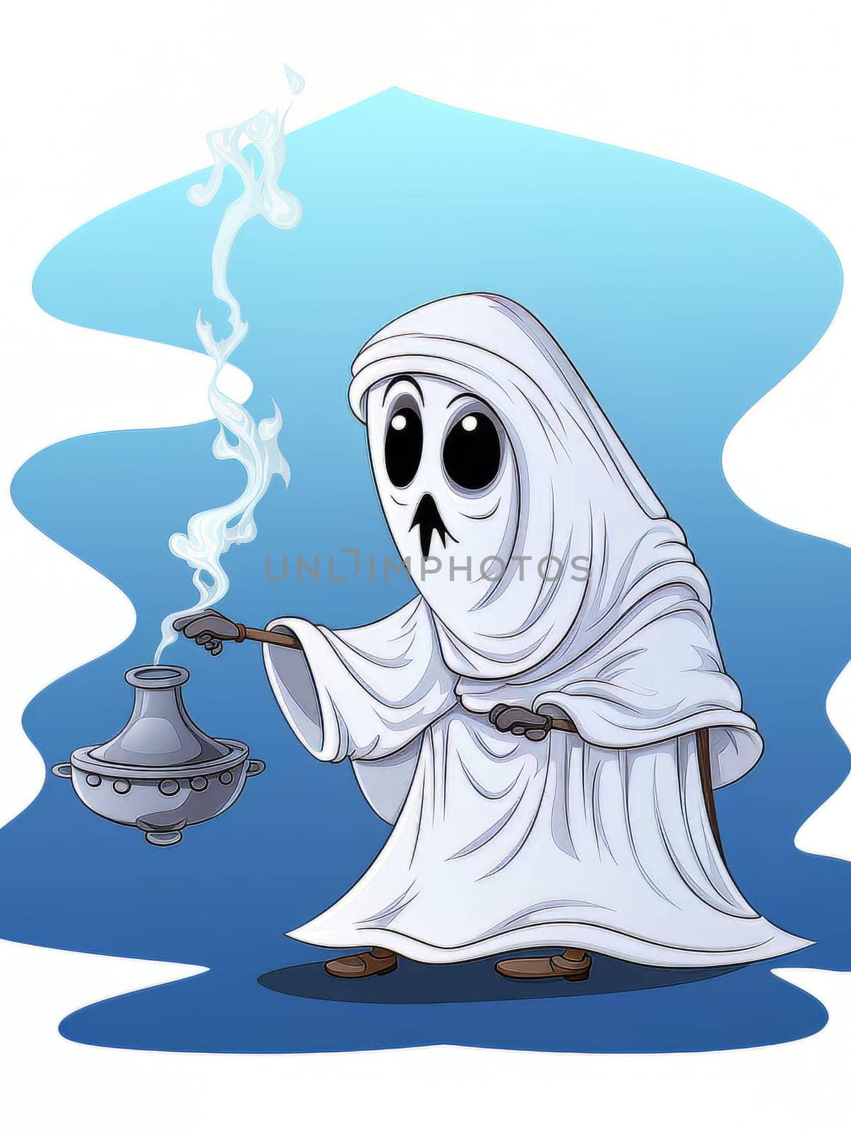 Cartoon ghost white sheet with smoking incense on white and blue smoky background, Halloween concept, AI