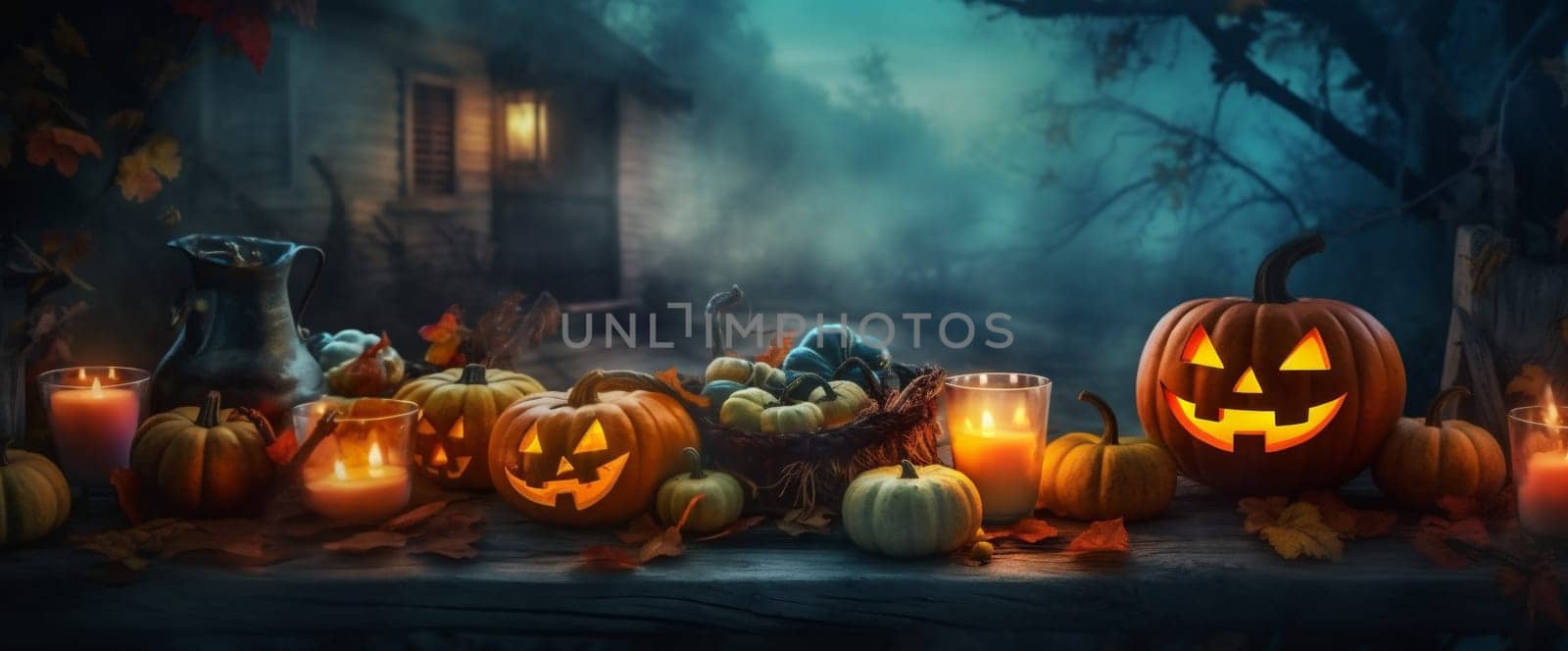 night table scary candle background illustration mystery blue moon fear sky horror wooden pumpkin halloween evil card funny glowing grunge autumn. Generative AI.