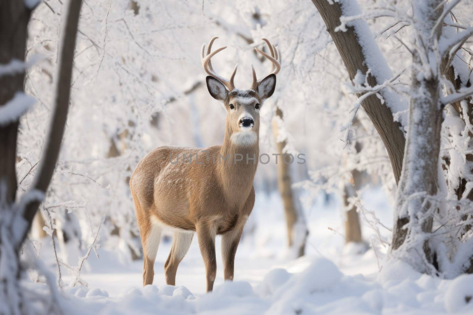 An enchanting winter tableau, showcasing the grace and resilience of wildlife, including deer, birds, and squirrels, in their natural habitats during the frosty season.