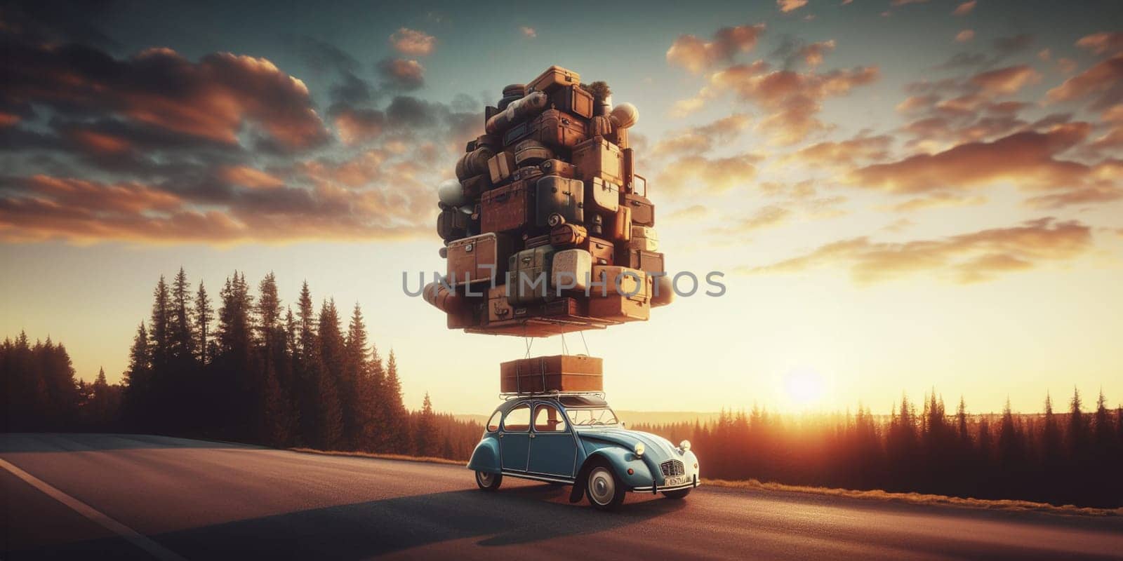 huge pile luggage roof vintage 60 70s vintage retro french car Vacation travel nomadic life road fun generated ai art