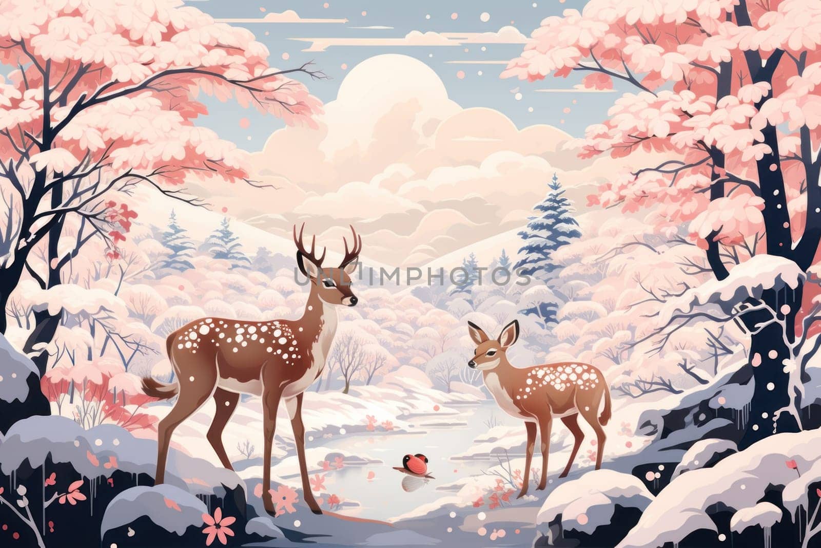 An enchanting winter tableau, showcasing the grace and resilience of wildlife, including deer, birds, and squirrels, in their natural habitats during the frosty season.