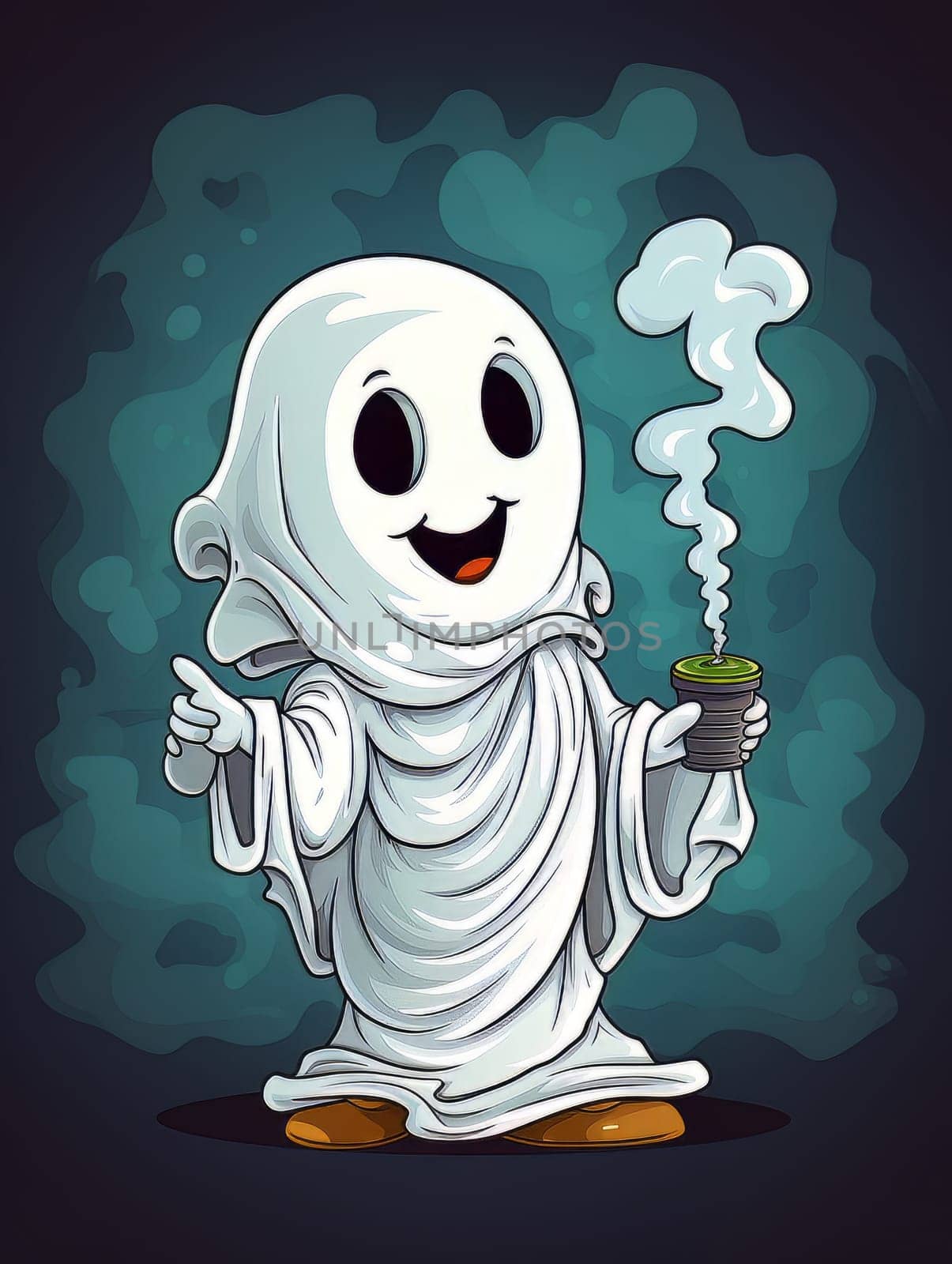 Cartoon ghost white sheet with smoking incense on dark smoky background, Halloween concept, AI