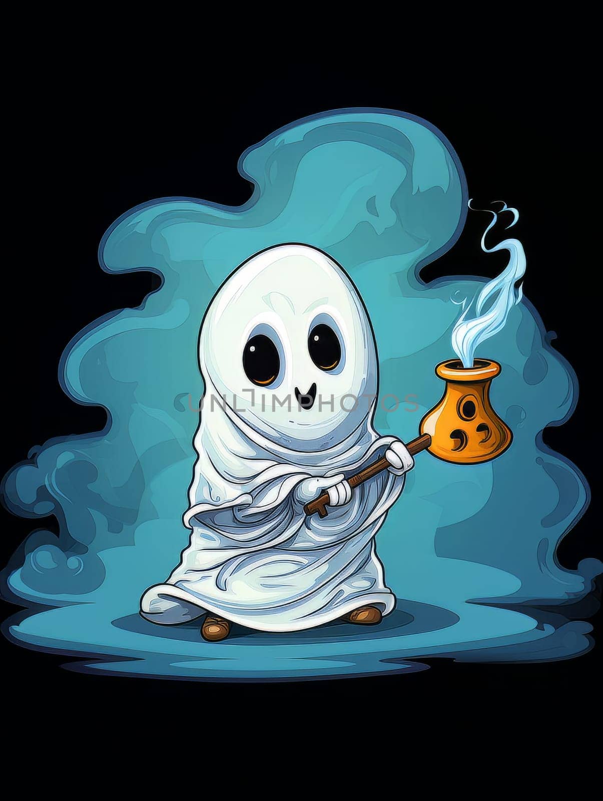 Cartoon white ghost in the smoke with smoking incense, AI by but_photo