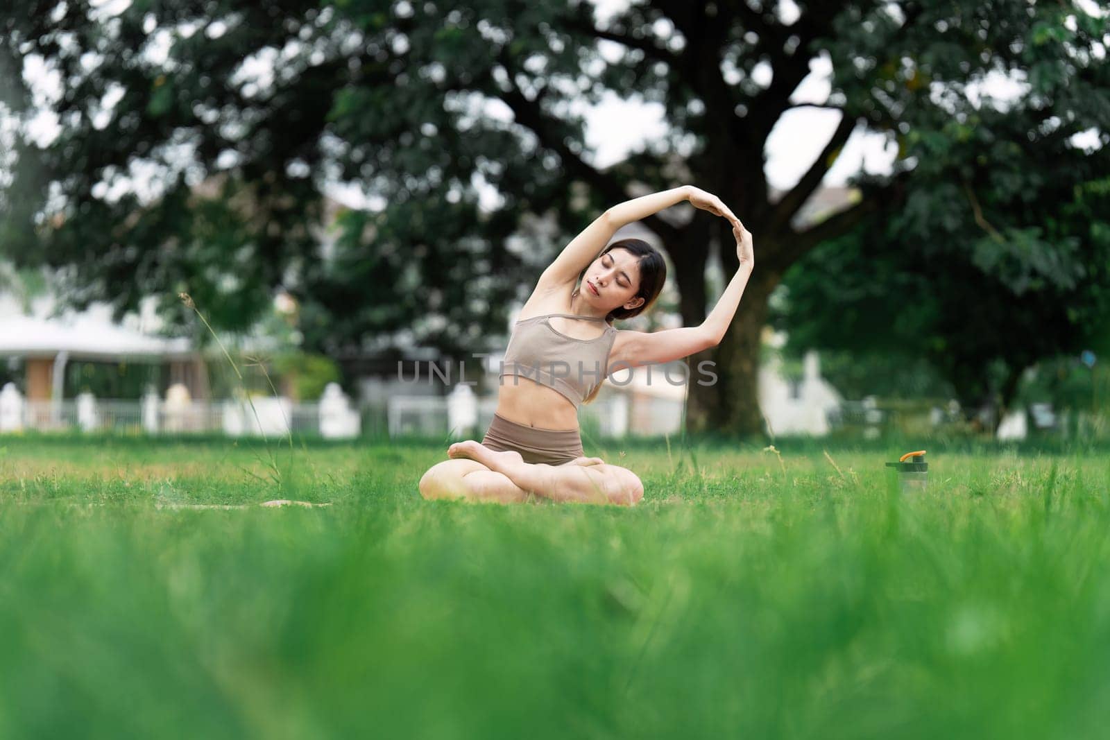 Lifestyle woman yoga exercise and pose for healthy life. Young girl or people pose balance body vital zen meditation for workout by itchaznong