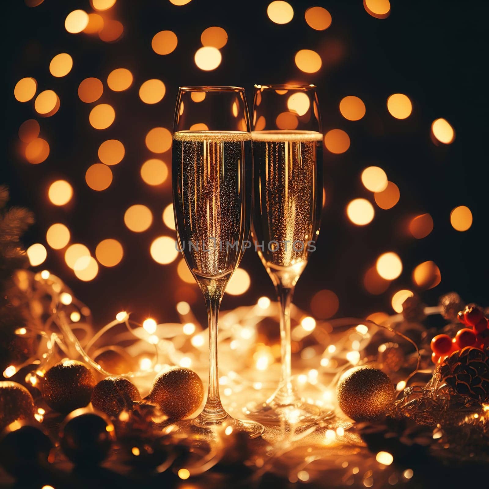 Glasses of champagne for the holiday. Generative AI by gordiza