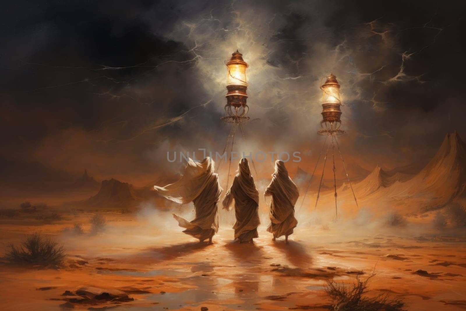 Immerse yourself in the realm of fantasy and behold the awe-inspiring sight of whirling sandstorm djinns.