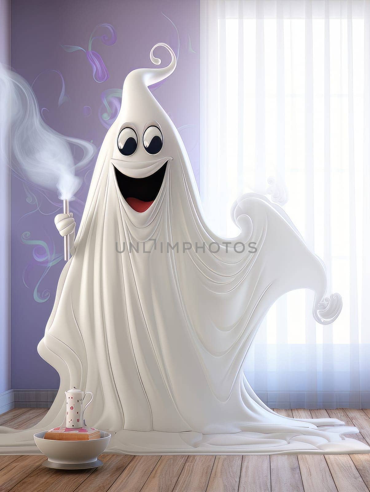 Cartoon ghost white sheet with smoking incense at home by the window, Halloween concept, AI
