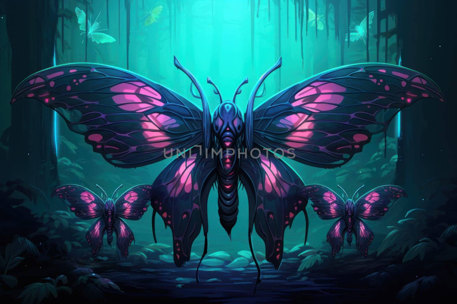 A captivating portrayal of celestial moth guardians, their ethereal presence warding off malevolent spirits with a soft, lunar glow.
